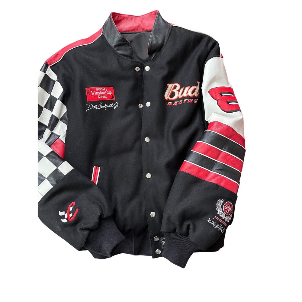 Dale Earnhardt Jr Bud Racing NASCAR Winston Cup Series Leather Wool Jacket Black